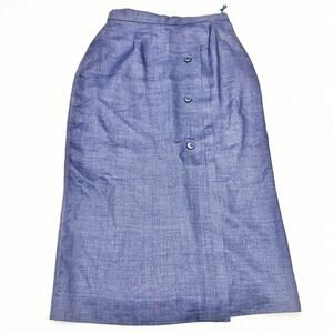 Oleg Cassini Blue Midi Pencil Skirt Button Front 100% Ramie Lined Size 8
